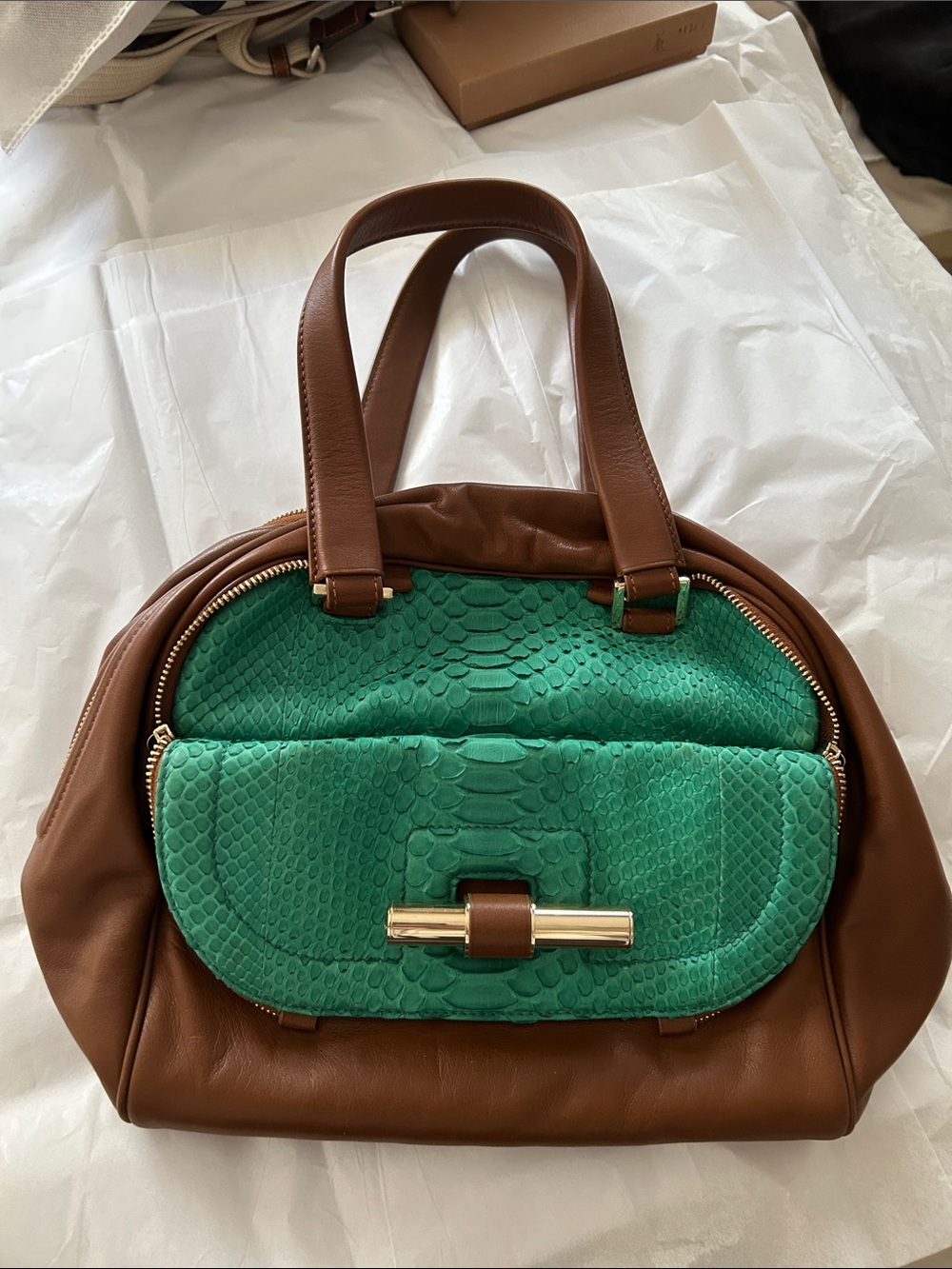 Jimmy Choo Brown Leather Satchel with Green Snakeskin Front Pocket